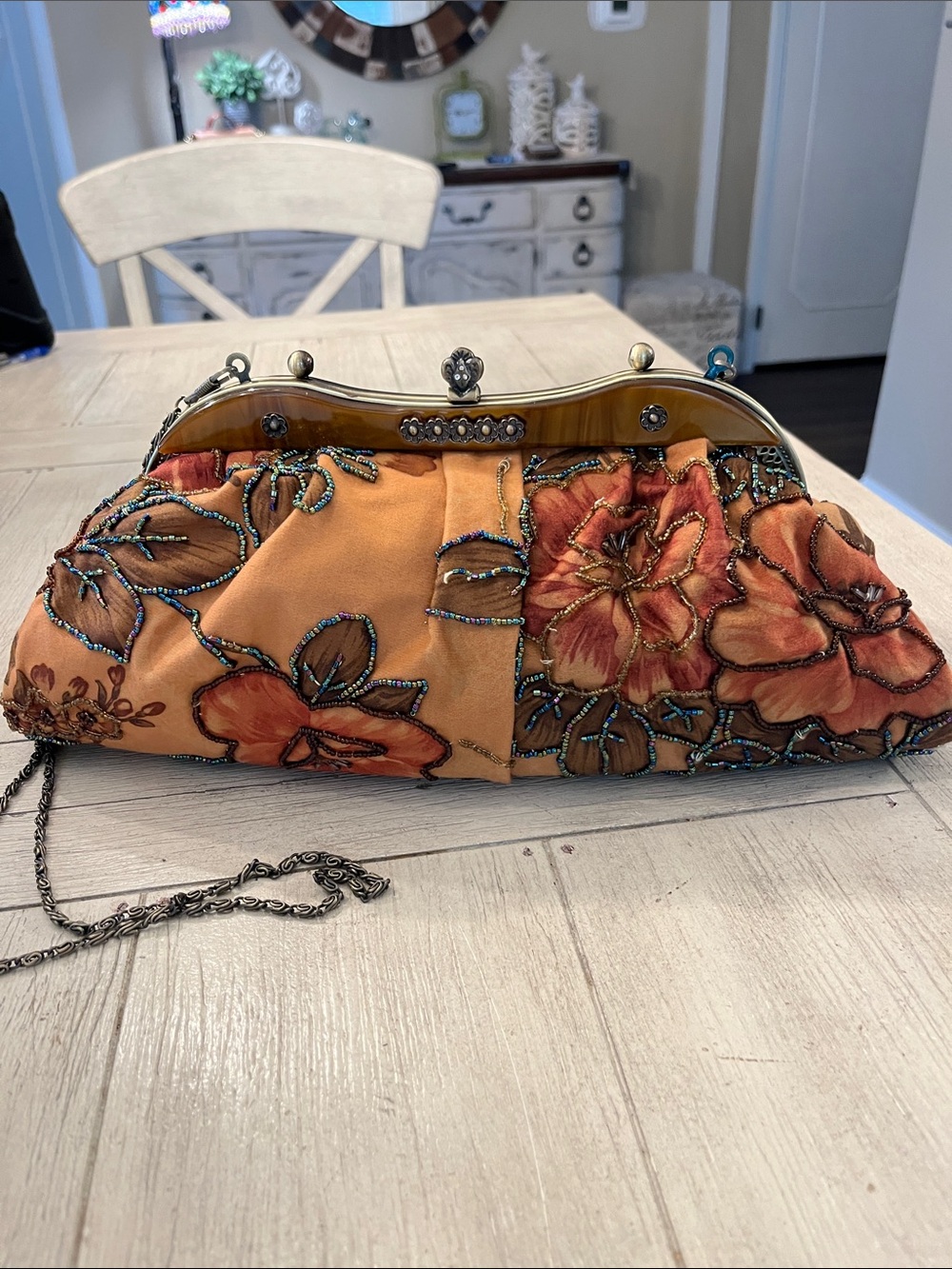 Embroidered Orange Floral Beaded Frame Crossbody Bag